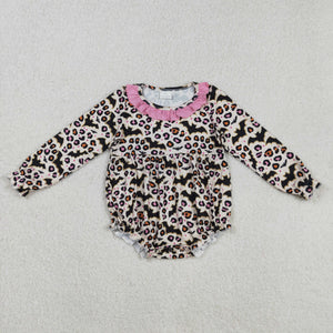 Bats Leopard Print Pink Ruffles Girls Halloween Romper