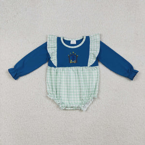 God Green Plaid Pockets Blue Girls Christmas Romper