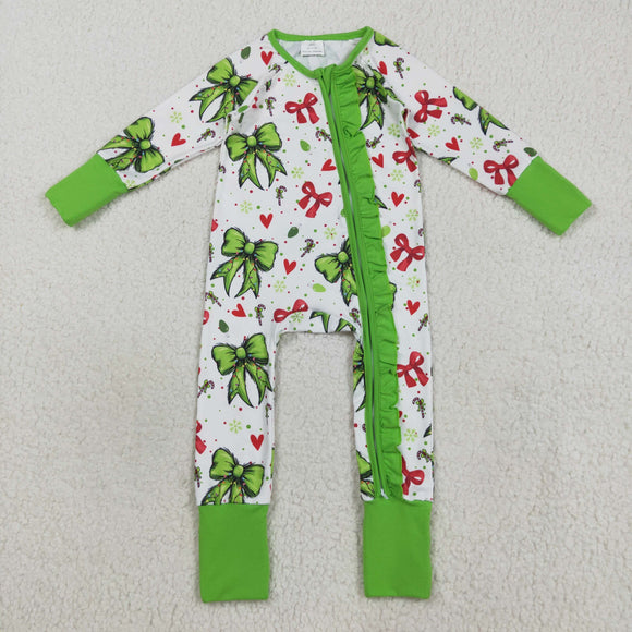 Red Green Bow Pattern Heart Girls Christmas Romper