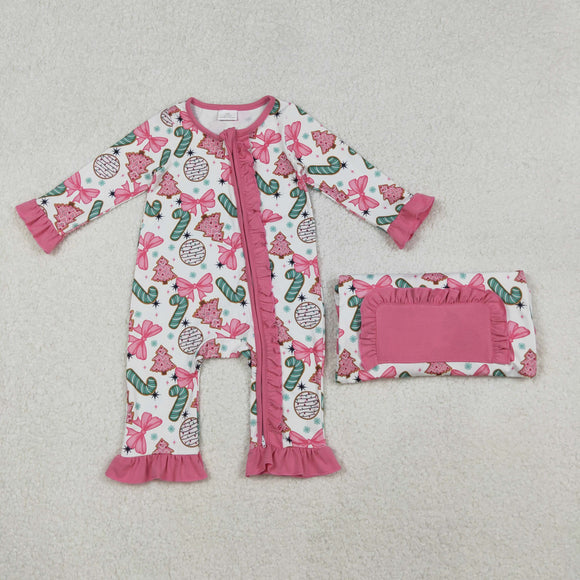 Candy Cane Bow Pattern Pink White Girls Christmas Romper