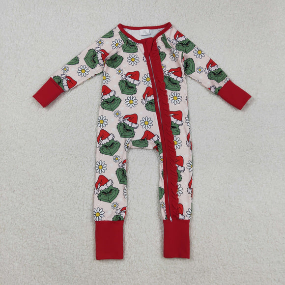 Cartoon Floral Red Ruffles Beige Girls Christmas Romper