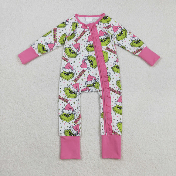 Cartoon Dramatic Pink Ruffles White Girls Christmas Romper