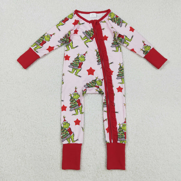 Cartoon Stars Red Ruffles Pink Girls Christmas Romper