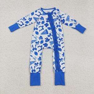 Go Team Bow Pattern White Blue Ruffles Girls Fall Romper