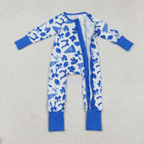 Go Team Bow Pattern White Blue Ruffles Girls Fall Romper