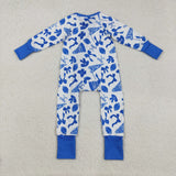 Go Team Bow Pattern White Blue Ruffles Girls Fall Romper