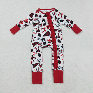 Go Team Bow Pattern White Dark Red Ruffles Girls Fall Romper