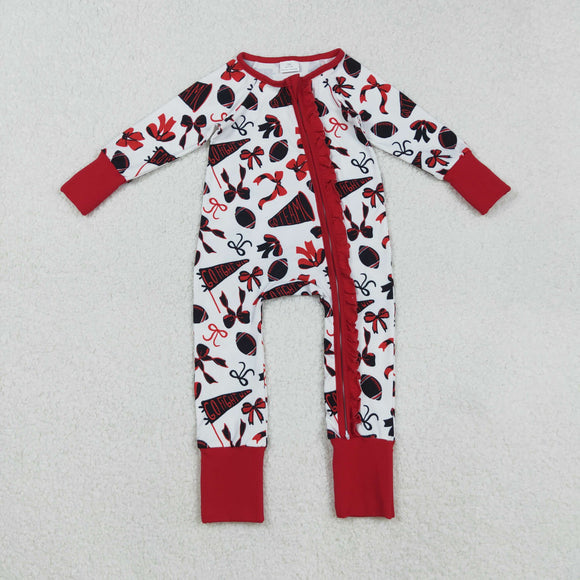Go Team Bow Pattern White Dark Red Ruffles Girls Fall Romper