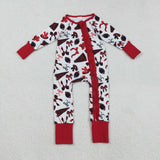 Go Team Bow Pattern White Dark Red Ruffles Girls Fall Romper
