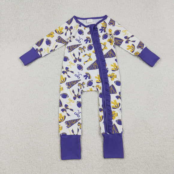 Go Team Bow Pattern Yellow Purple Ruffles Girls Fall Romper