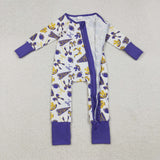 Go Team Bow Pattern Yellow Purple Ruffles Girls Fall Romper