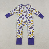 Go Team Bow Pattern Yellow Purple Ruffles Girls Fall Romper