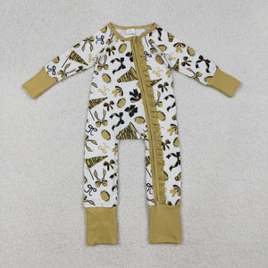Go Team Bow Pattern White Golden Ruffles Girls Fall Romper