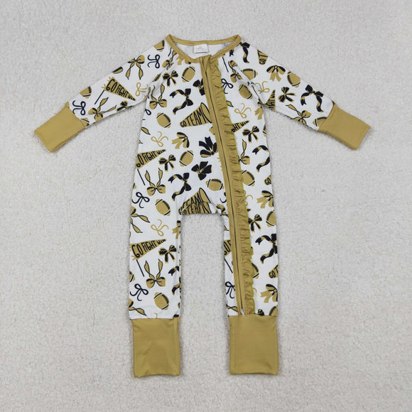 Go Team Bow Pattern White Golden Ruffles Girls Fall Romper