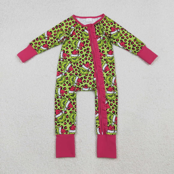 Cartoon Leopard Print Hot Pink Girls Christmas Romper