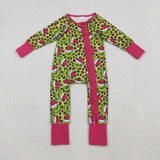 Cartoon Leopard Print Hot Pink Girls Christmas Romper