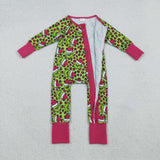 Cartoon Leopard Print Hot Pink Girls Christmas Romper