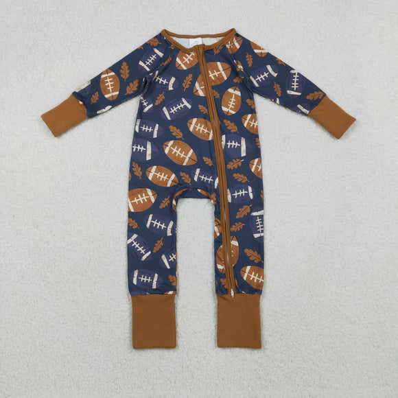 Leaves Football Navy Brown Boys Fall Romper