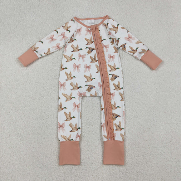 Duck Bow Pattern Pink White Girls Fall Romper