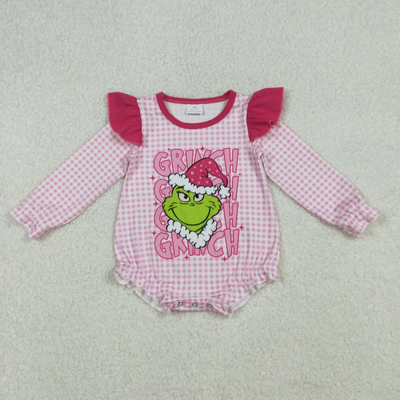Cartoon Pink Plaid Girls Christmas Romper