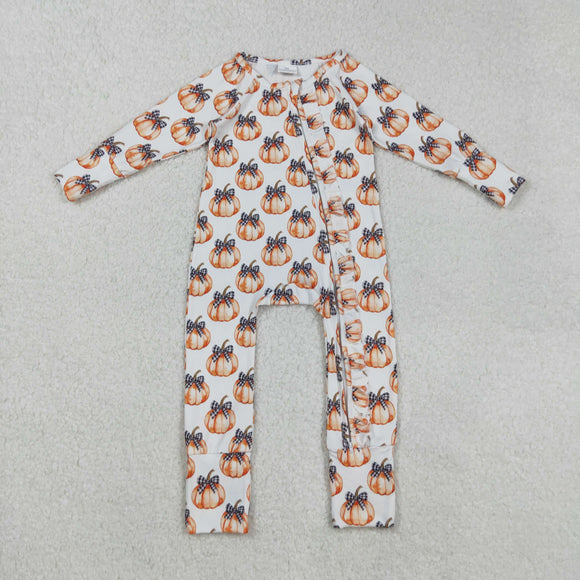 Plaid Bow Pattern Pumpkin White Girls Fall Romper