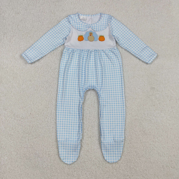 Pumpkin Turkey Blue Plaid Boys Thanksgiving Romper