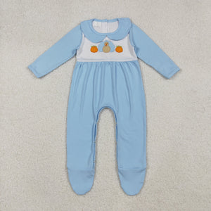 Pumpkin Turkey Blue White Boys Thanksgiving Romper