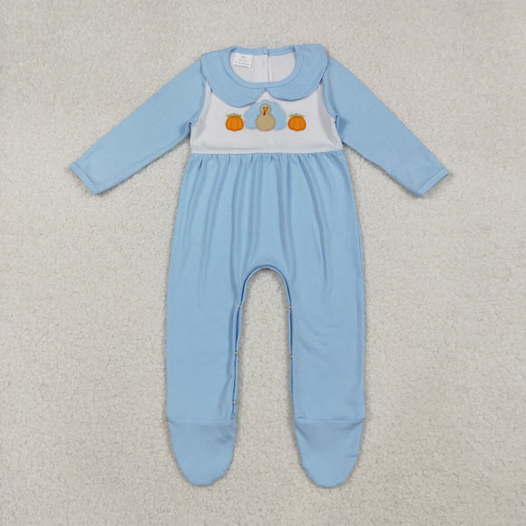 Pumpkin Turkey Blue White Boys Thanksgiving Romper