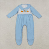 Pumpkin Turkey Blue White Boys Thanksgiving Romper