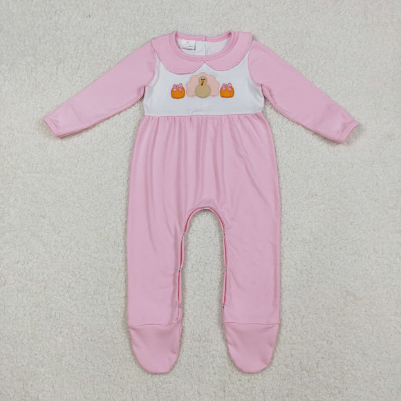 Pumpkin Turkey Pink White Girls Thanksgiving Romper