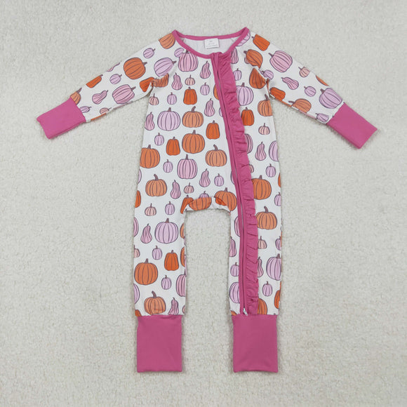 Pumpkin Hot Pink Ruffles White Girls Fall Romper