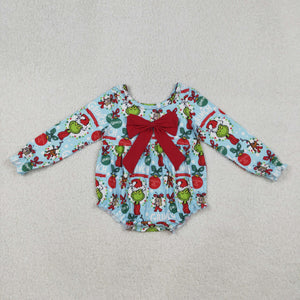 Cartoon Red Bow Blue Girls Christmas Romper