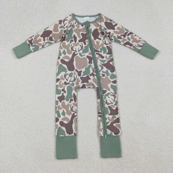 Deer Camo Green Beige Boys Fall Romper