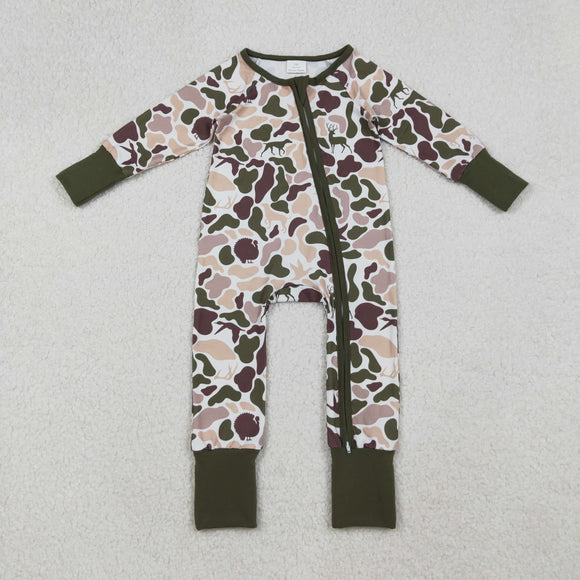 Duck Dog Camo Green White Boys Fall Romper