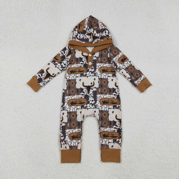 Highland Cow Plaid Hoodie Brown Boys Fall Romper