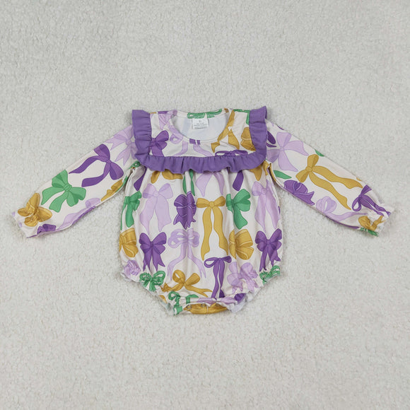 Bow Pattern Purple Ruffles Girls Mardi Gras Romper