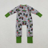 Truck Gray Green Boys Christmas Romper