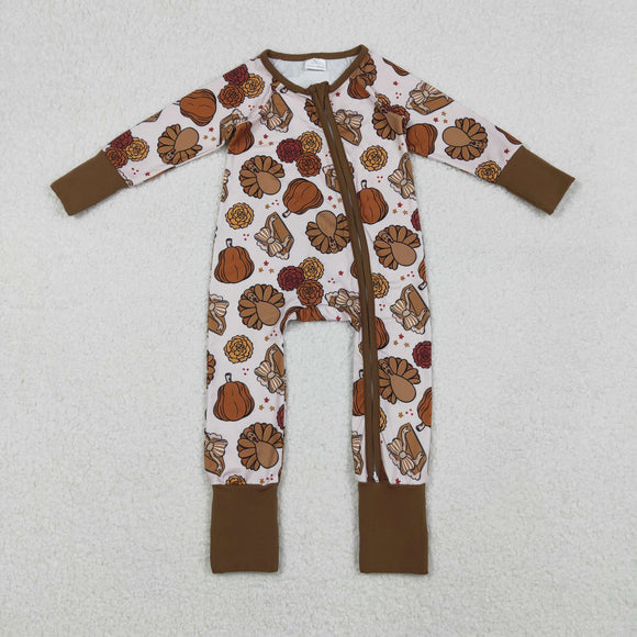 Turkey Pumpkin Floral Brown Girls Thanksgiving Romper