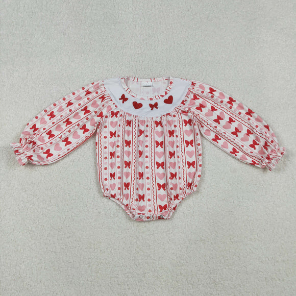 Bow Heart Embroidery Stripe Girls Valentine Romper