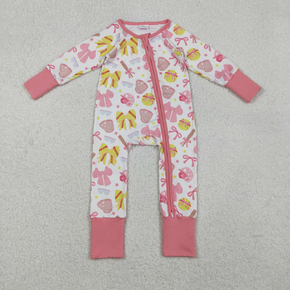 Softball Bow Pattern Pink Girls Fall Romper