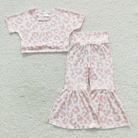 Leopard Print Pink Girls Short Sleeve+Trousers Sets