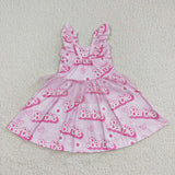 Cartoon Dolls Pink Gauze Girls Flutter Sleeve Dress