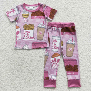 Cartoon Food Snack Pink Girls Short Sleeve Pajamas