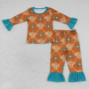 Highland Cow Aztec Orange Blue Girls Long Sleeve Pajamas