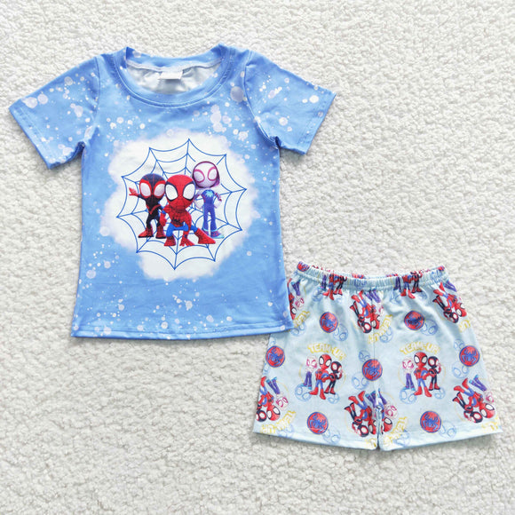 Cartoon Hero Sky Blue Boys Shorts Sets