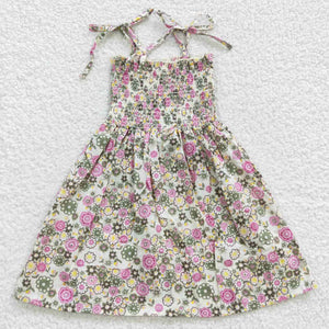 Pink Floral Off-white Smocked Girls Sleeveless Dress