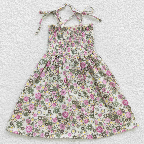 Pink Floral Off-white Smocked Girls Sleeveless Dress