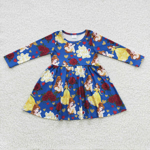 Cartoon Princess Navy Girls Long Sleeve Dress