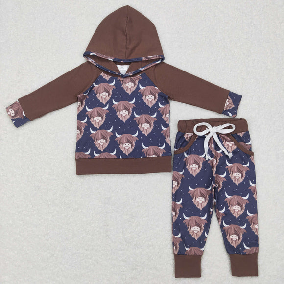 Highland Cow Navy Brown Boys Fall Hoodie Sets