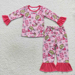 Hate Cartoon Floral Pink Girls Christmas Pajamas